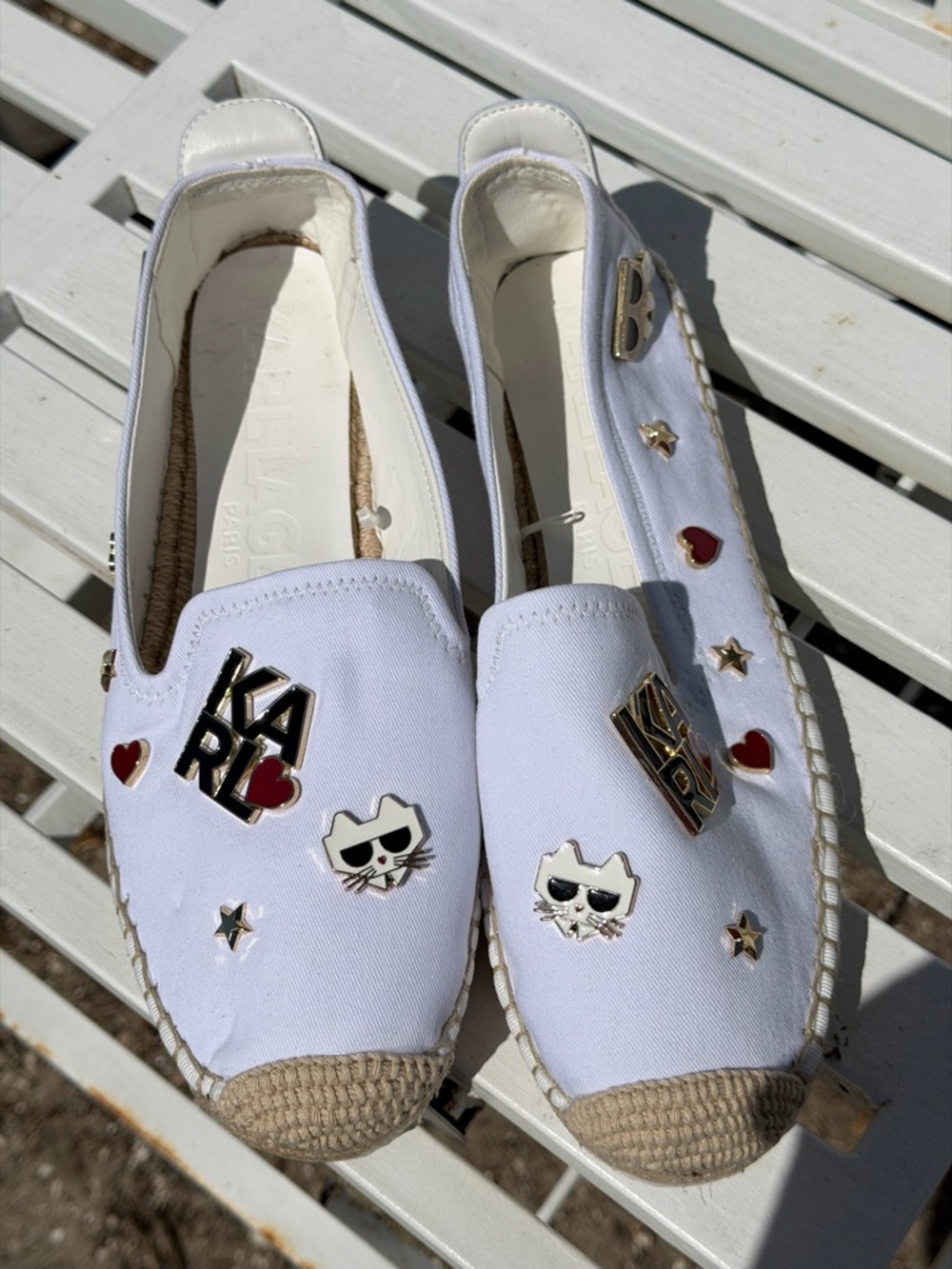 KARL LAGERFELD PARIS Women’s Embellished Slip-On Espadrilles Flats In White 9.5M - Picture 9 of 13